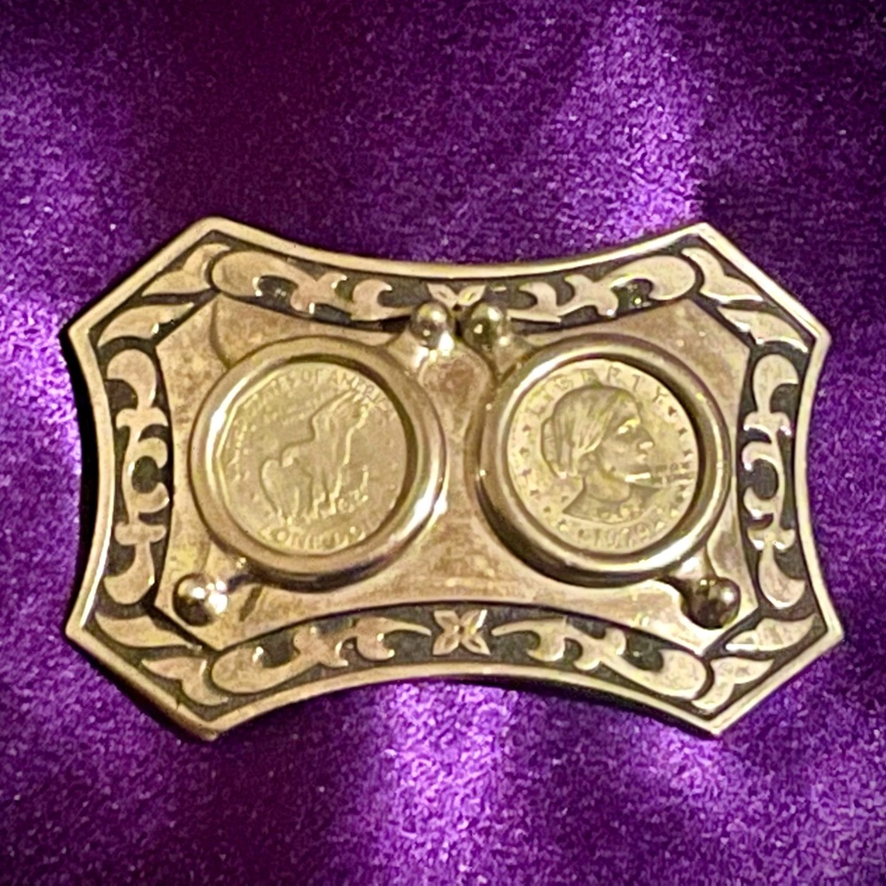 Vintage 1979 Susan B. Anthony double coin belt buckle
